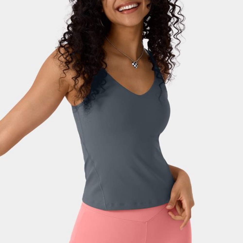 Halara Charcoal Grey V Neck Casual Plain Athletic Bodycon Tank Top | Large - Picture 5 of 5
